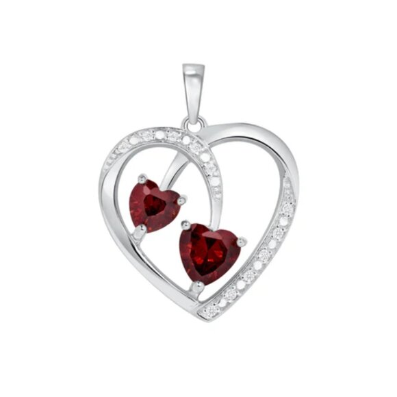 Silver 925 Rhodium Plated Red Cubic Zirconia Heart Pendant - Picture 2 of 2